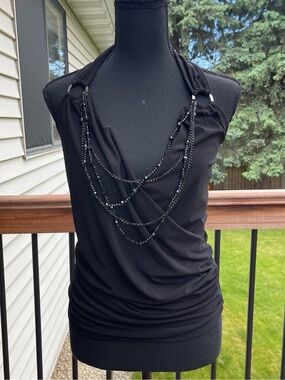 VTG Y2K Vanity Black Halter Top Slinky Draped Neckline Attached Necklace Medium